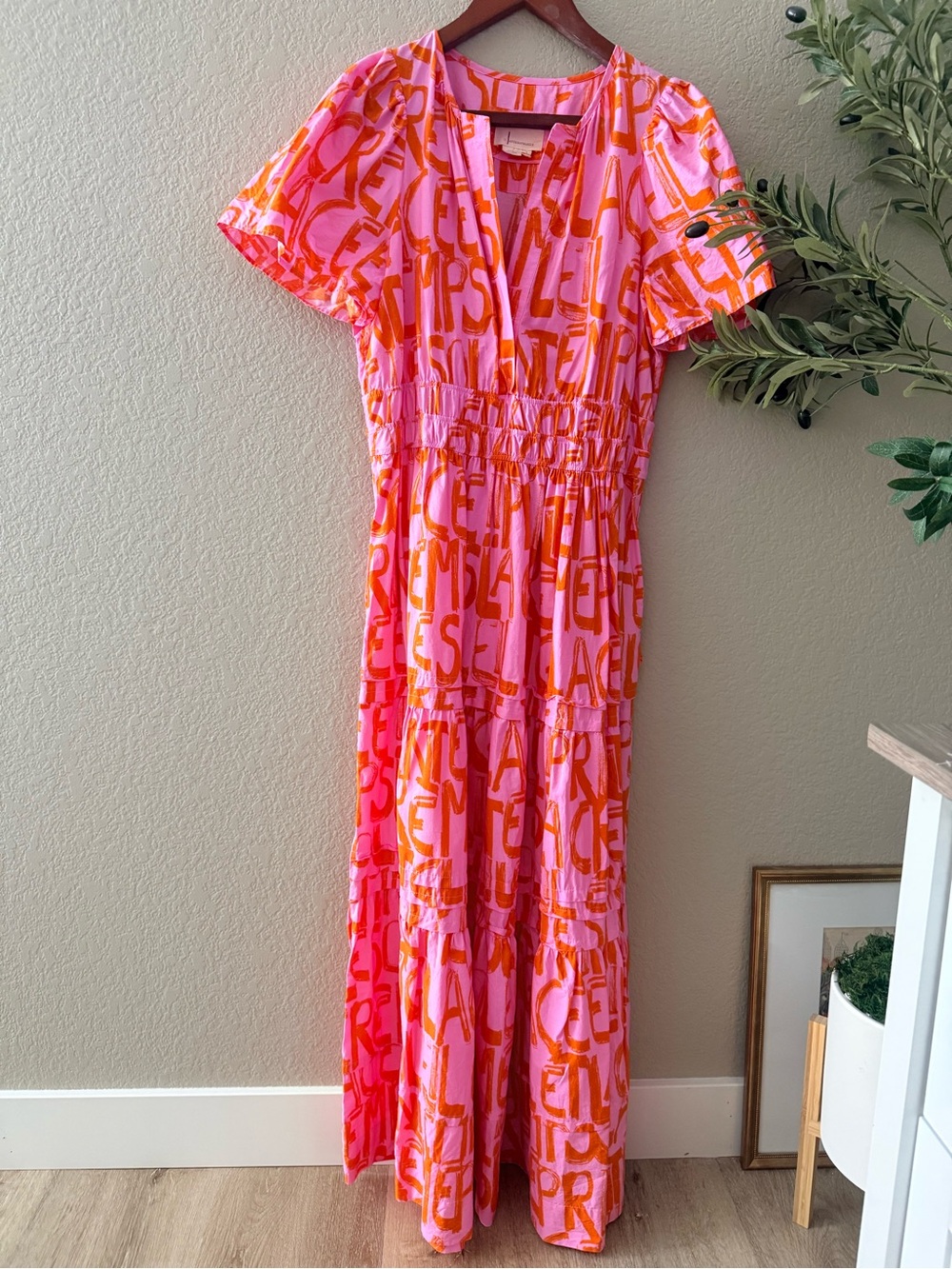Anthropologie Somerset French Writing Maxi Dress Pink Orange Size L